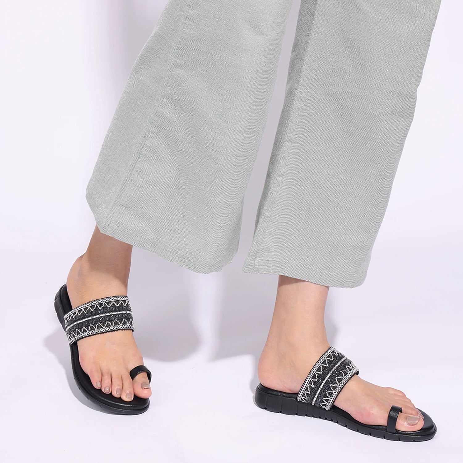 Embellished Black One-Toe Sandals