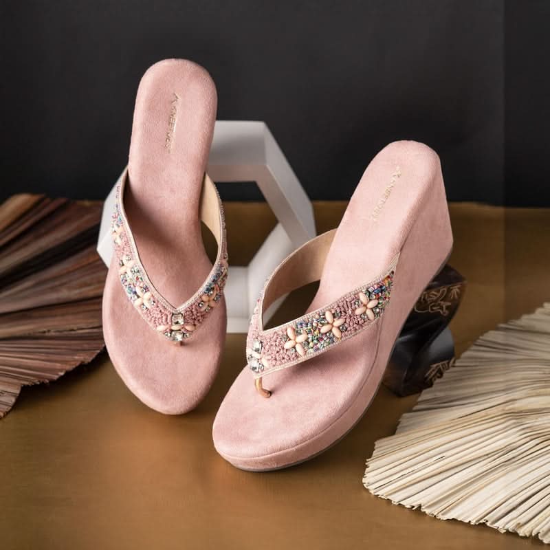 Light-Pink Stone-Work Beaded Wedge Sandals