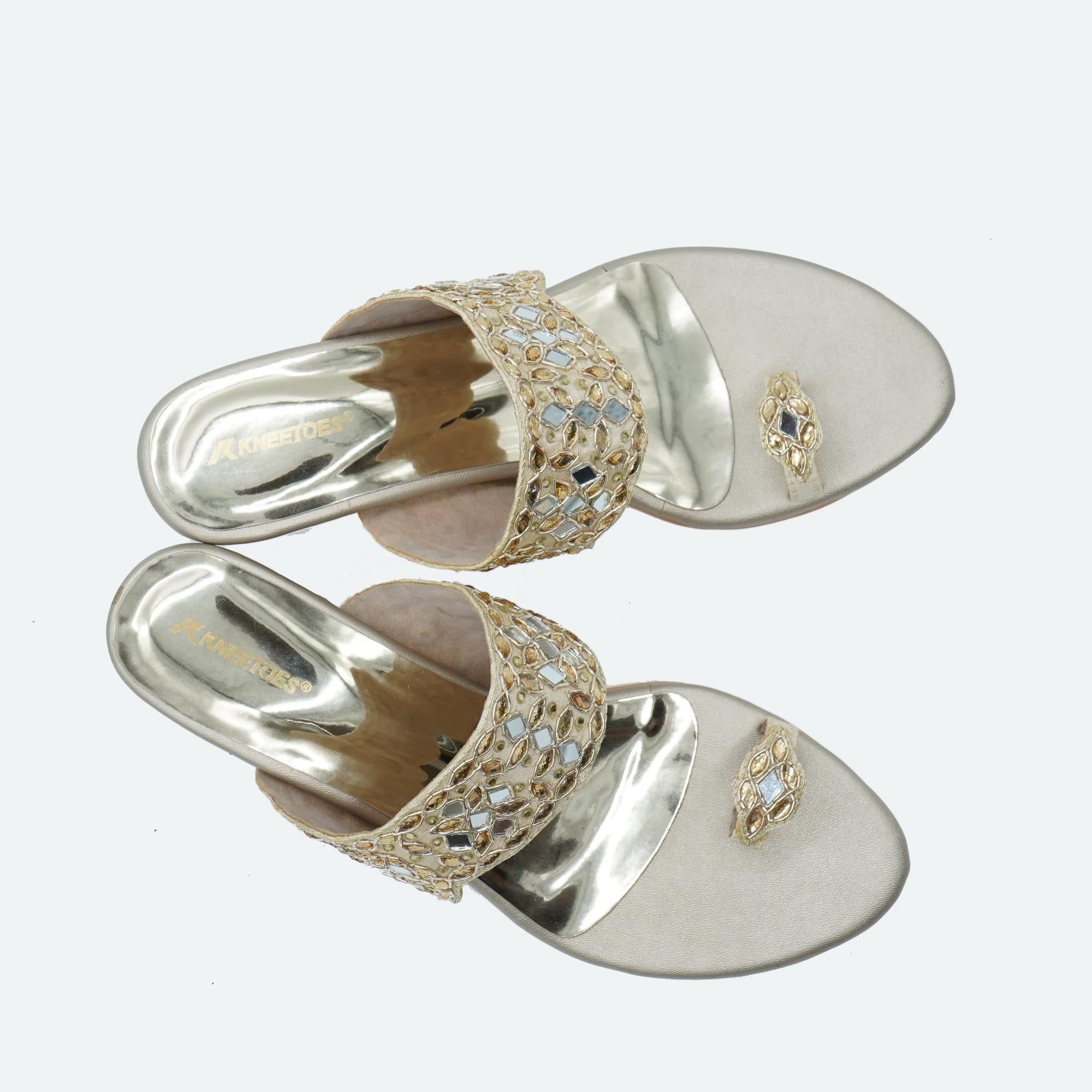 Lustre Gold Mirror-Work Block Sandals