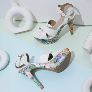 Pretty Floral Print White High Heels