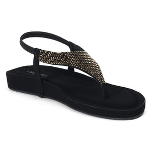 Rhinestone Embellished Black Thong Sandals