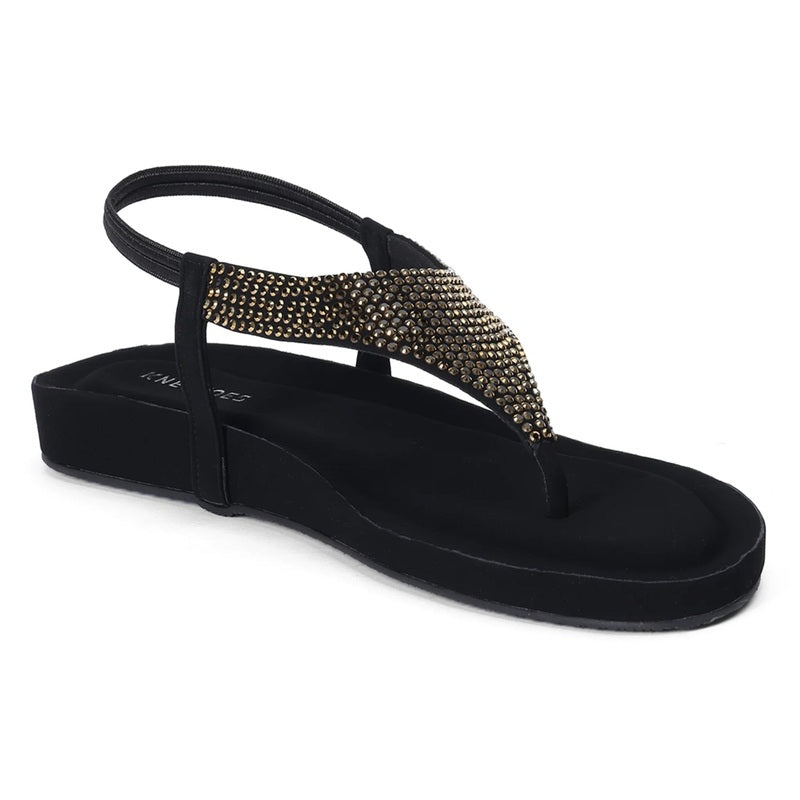 Rhinestone Embellished Black Thong Sandals