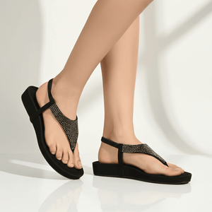 Rhinestone Embellished Black Thong Sandals