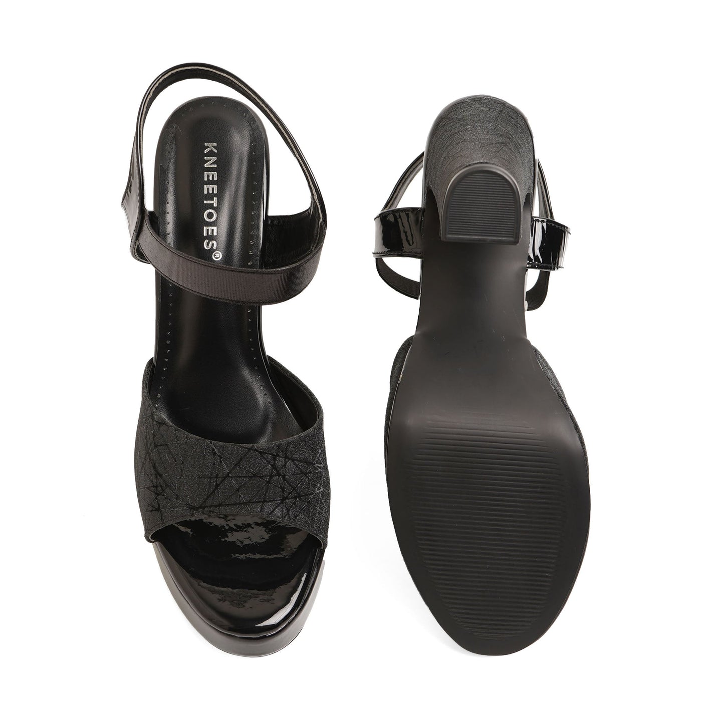 Exquisite Shimmery Black Chunky Heels Sandals For Wedding Wear