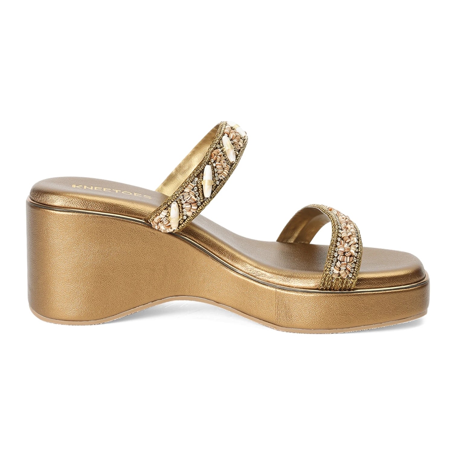 Embellished Bronze Open-Toe Sandals With Wedge Heel