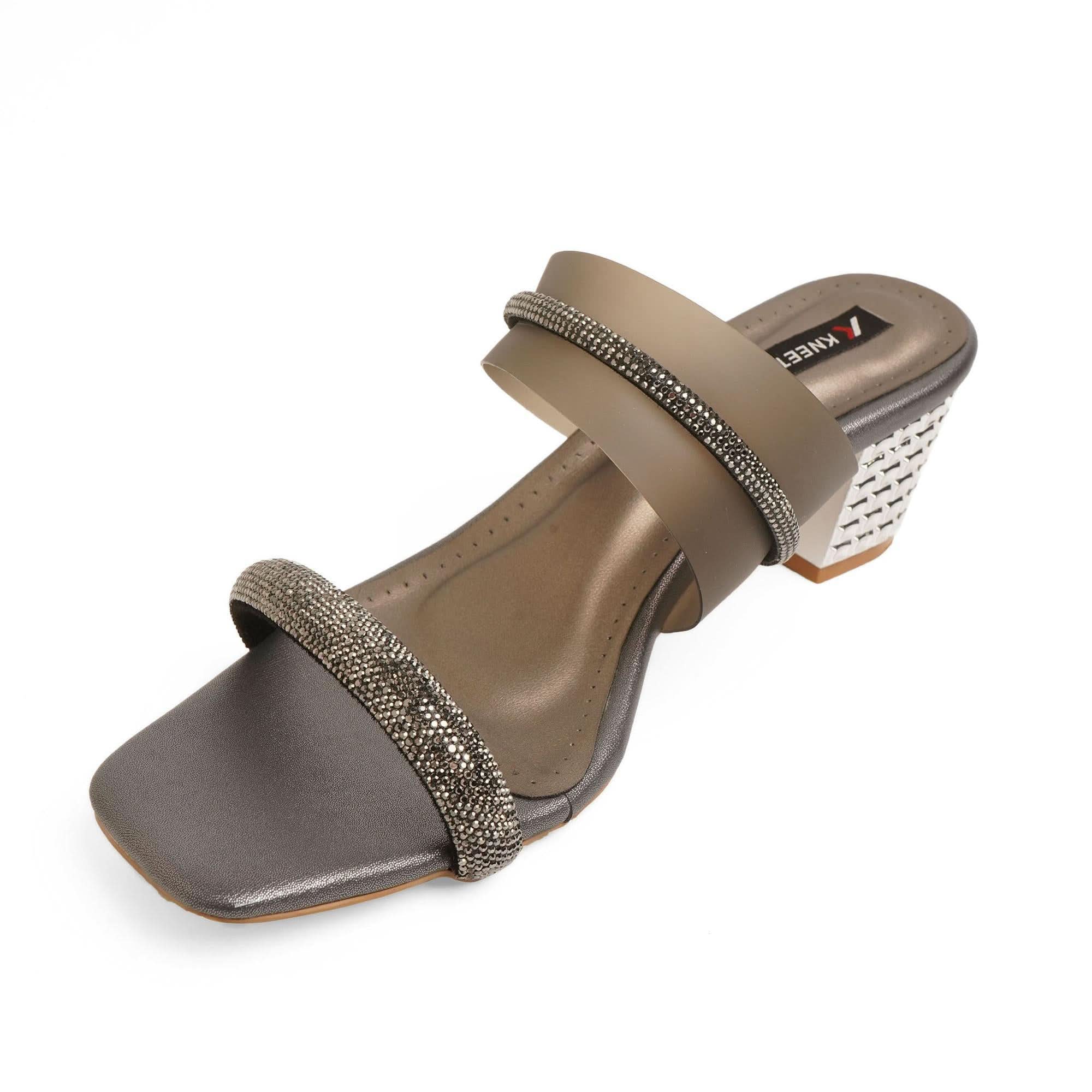 Embellished Charcoal-Grey Block Heel Sandals