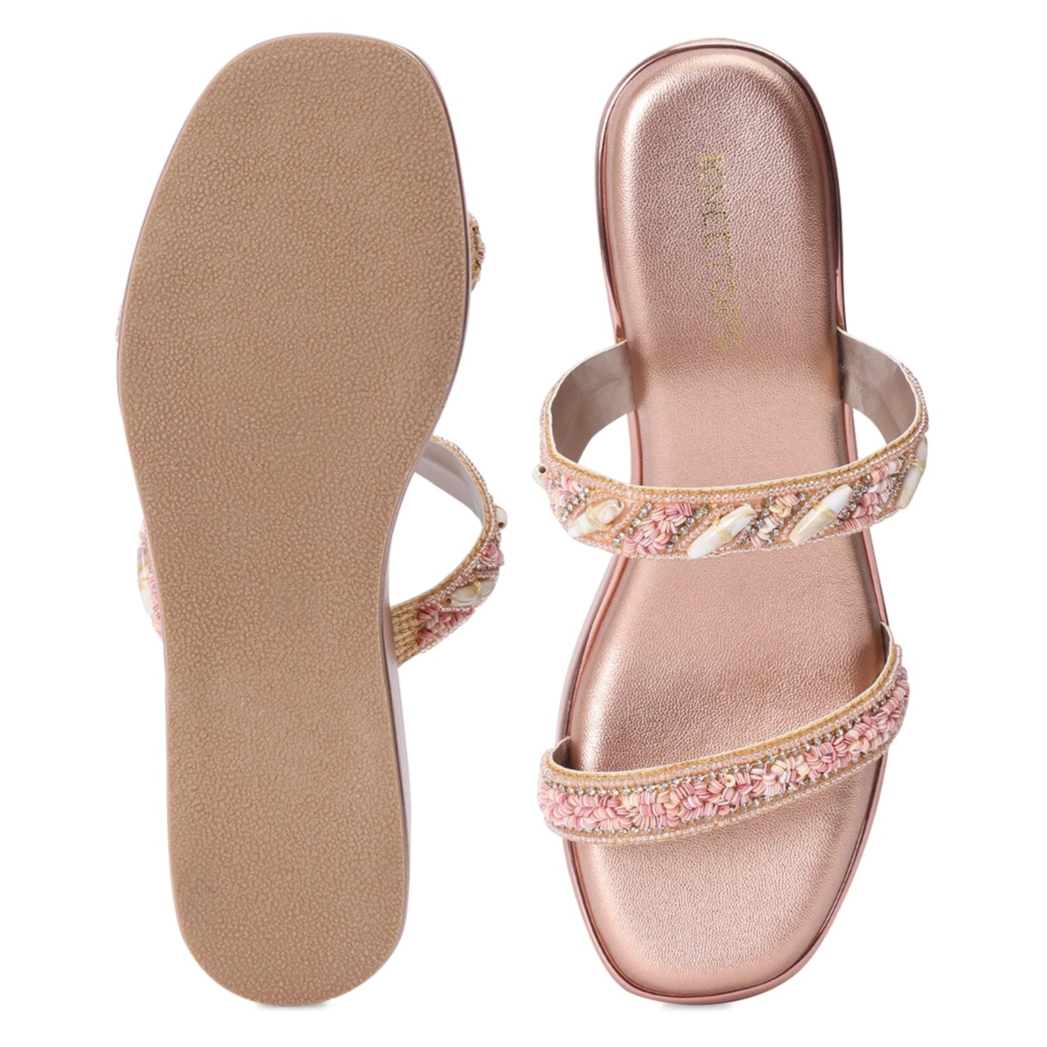 Rose-Gold Open-Toe Embellished Sandals With Wedge Heel