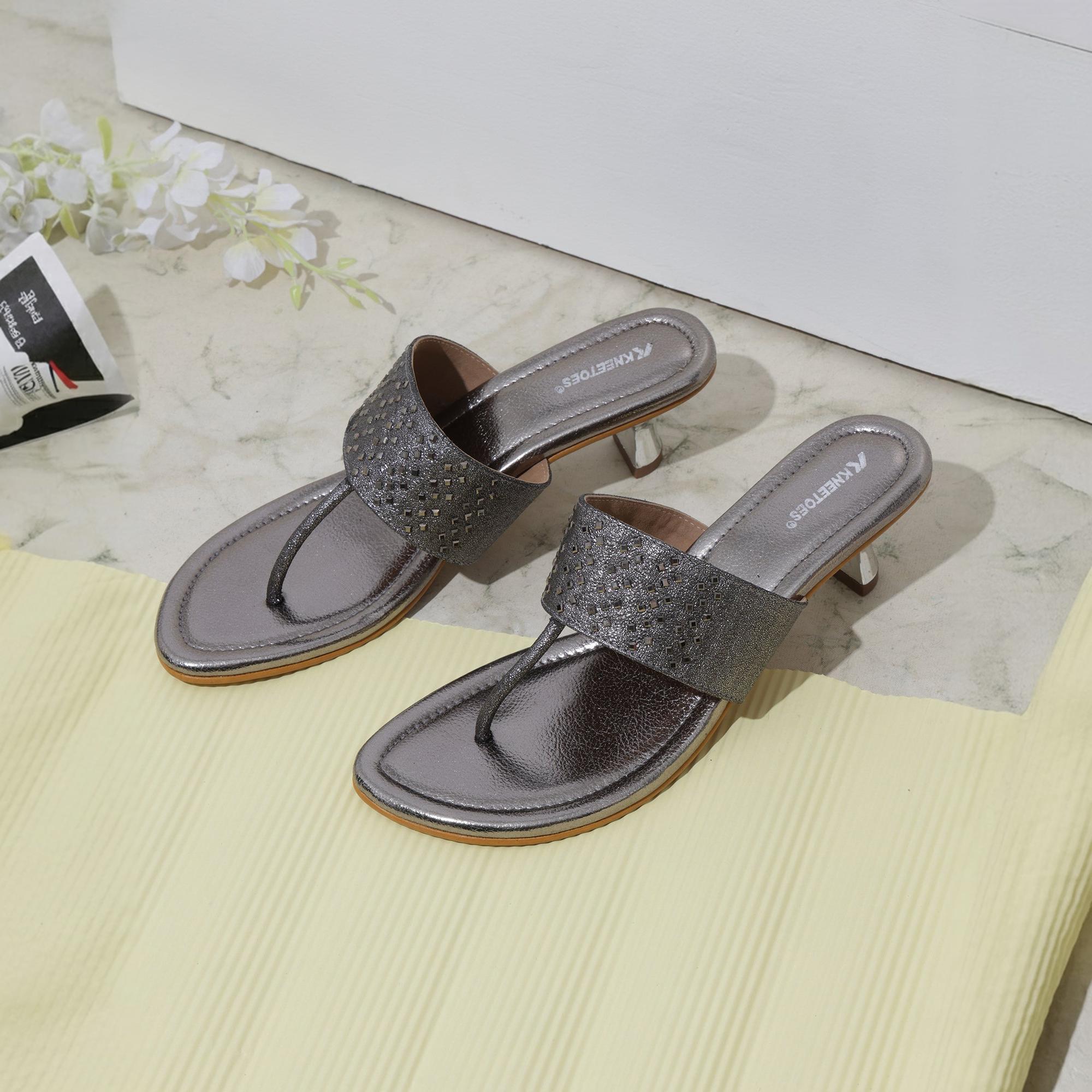 Sparkly Silver Embellished Kitten Thong Sandals