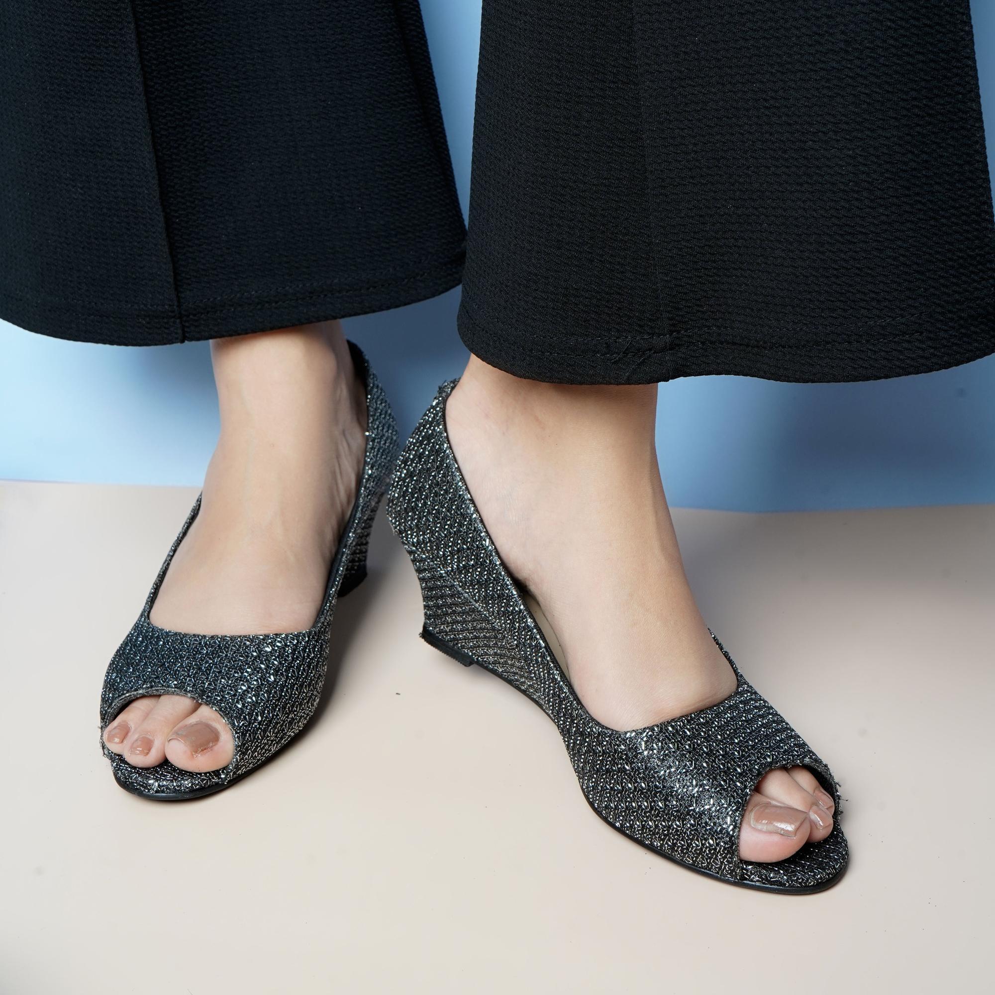 Shine Pop Black Peep-Toe Wedge Sandals