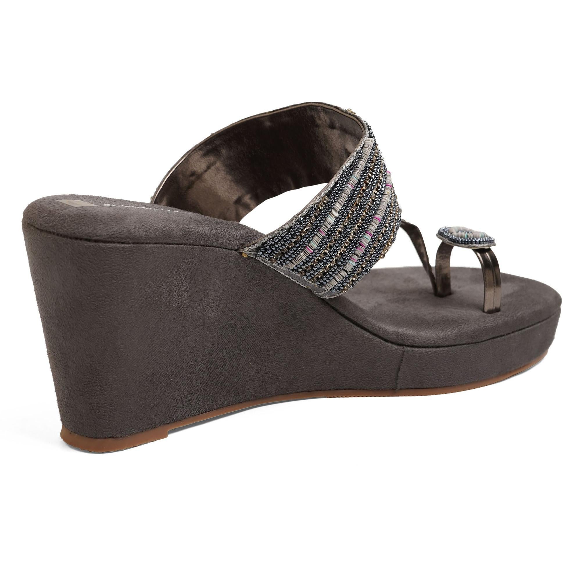 Dazzling Charcoal-Grey Beaded Wedge Heels