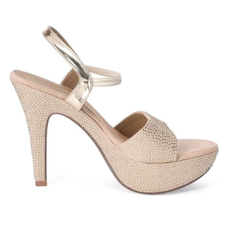 Rhinestone Embellished Gold Stiletto Sandals