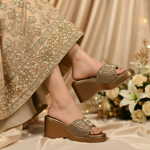 Bronze Zari Wedge Heel Sandals