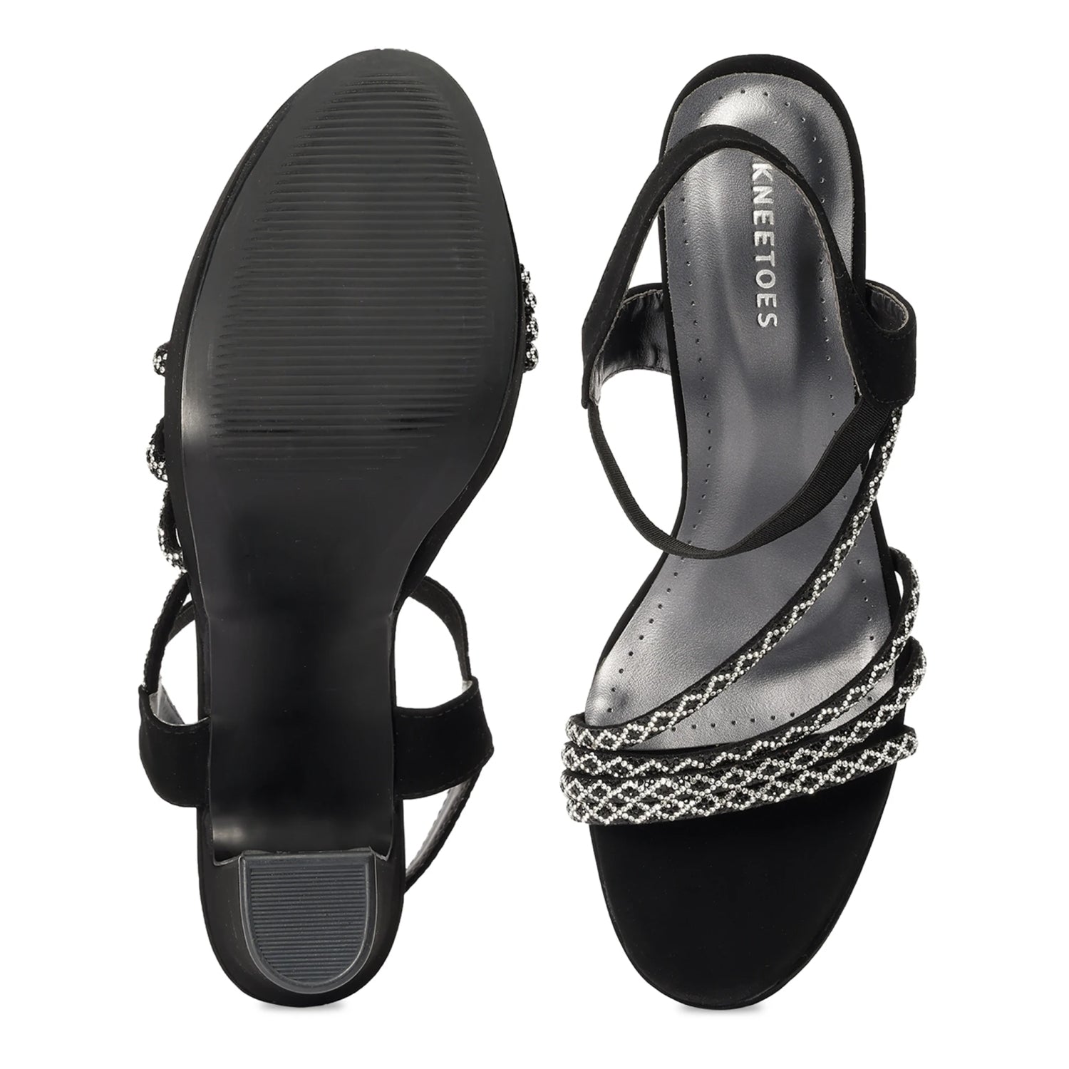 Embellished Black Stylish High Block Heel Sandals