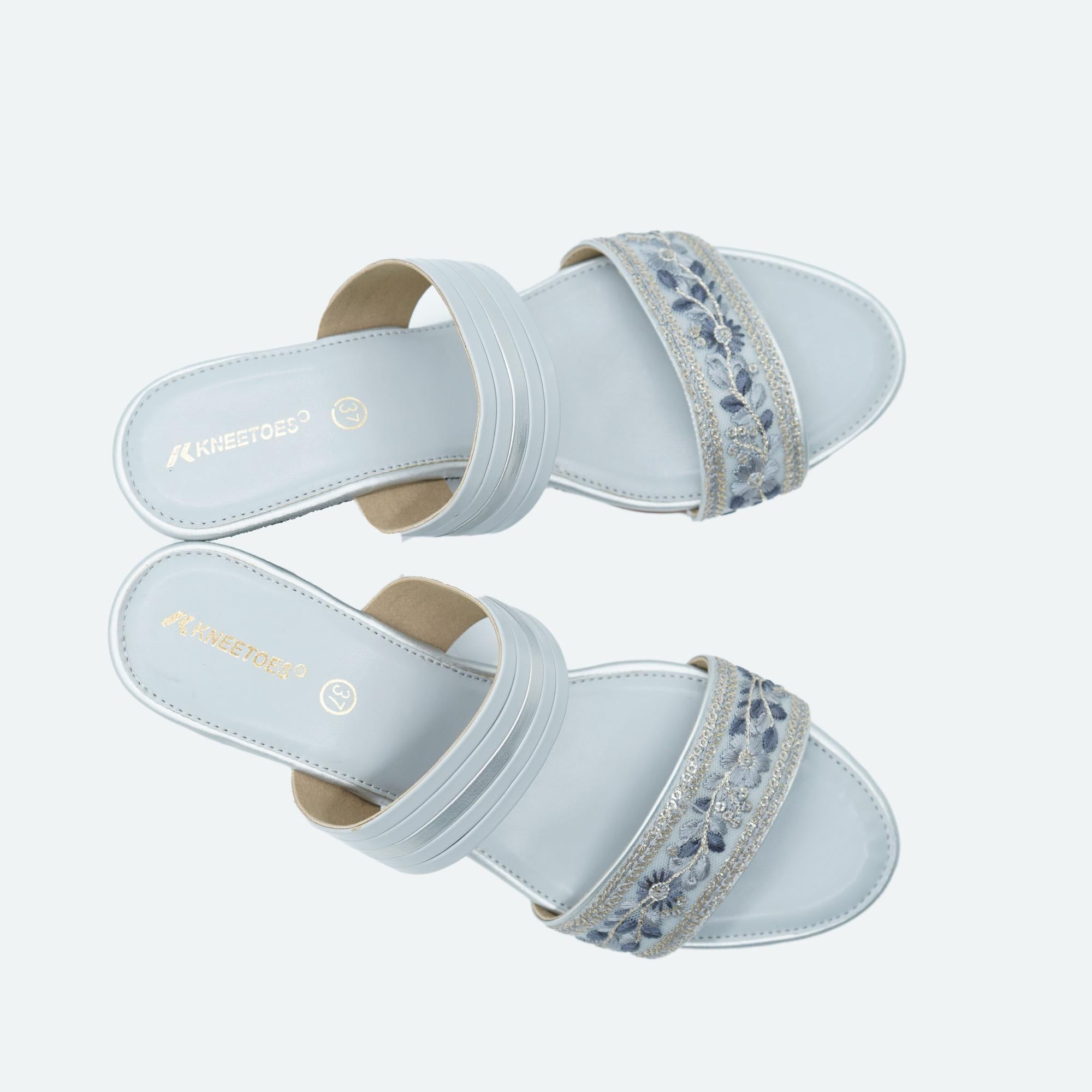 Soft Light-Grey Embroidered Wedge Sandals