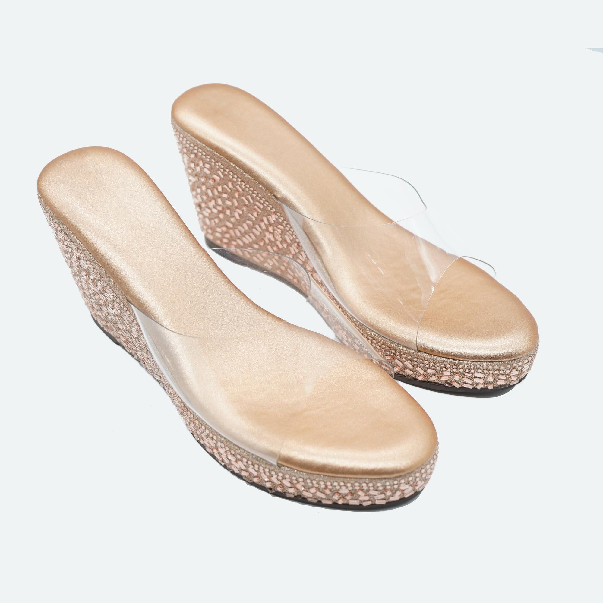 Luxe Shine Studded Champagne Wedge Heels