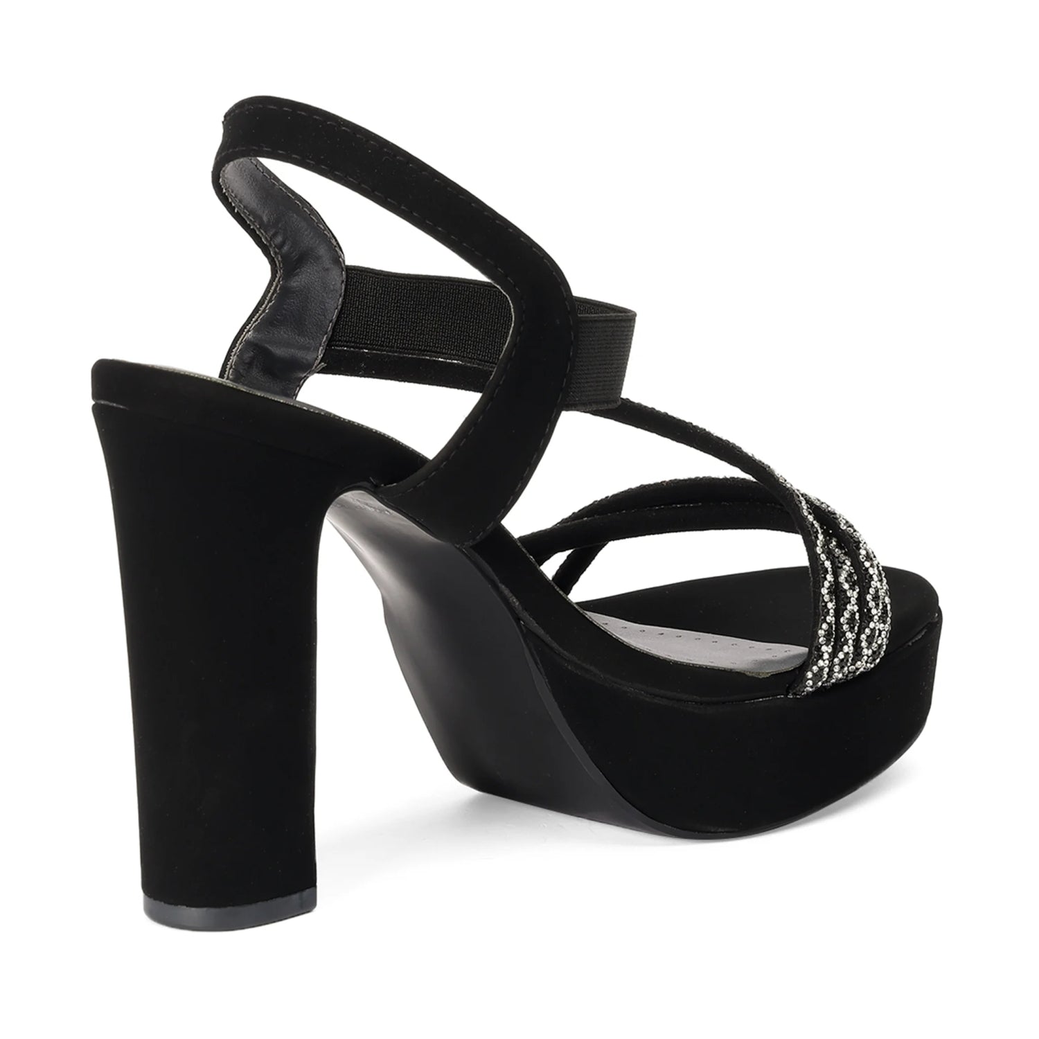 Embellished Black Stylish High Block Heel Sandals
