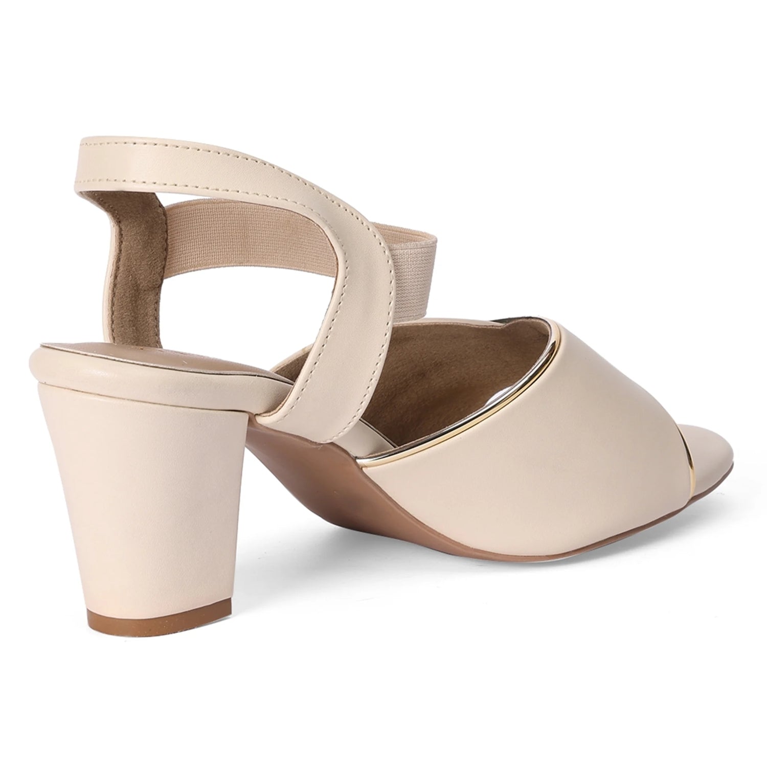 Champagne Nude Beige Metallic Trim Block Heel Sandals