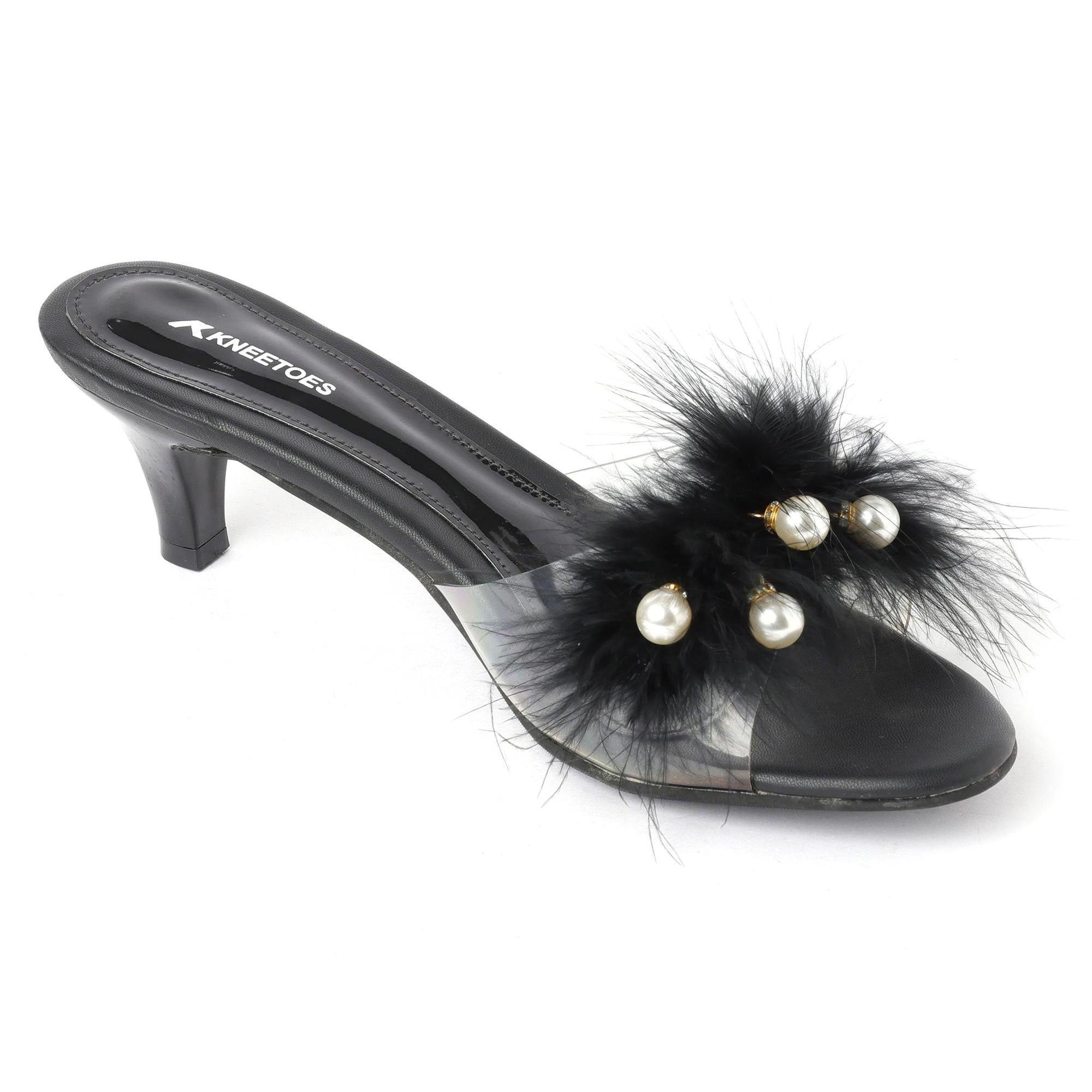 Black Soft Fur pearl Kitten Heels