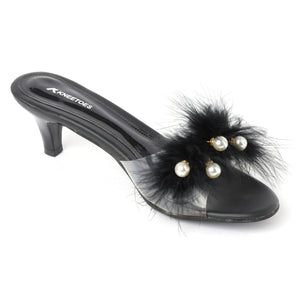 Black Soft Fur pearl Kitten Heels