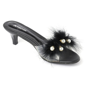 Black Soft Fur pearl Kitten Heels