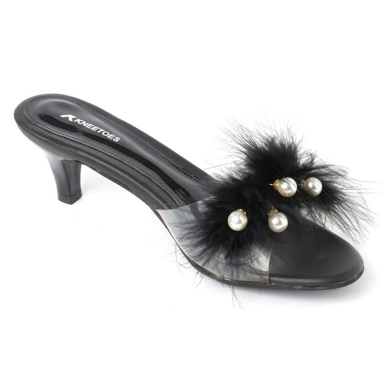 Black Soft Fur pearl Kitten Heels