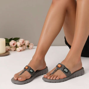Bold Gem-Studded Grey T-Strap Sandals