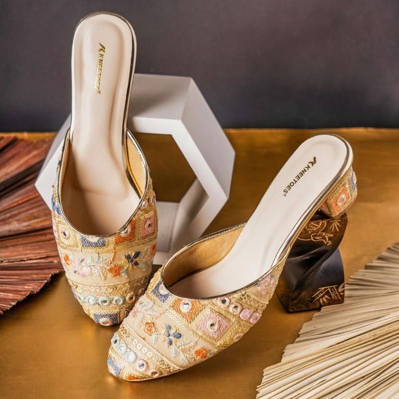 Luxe Beige Embroidered Block Sandals