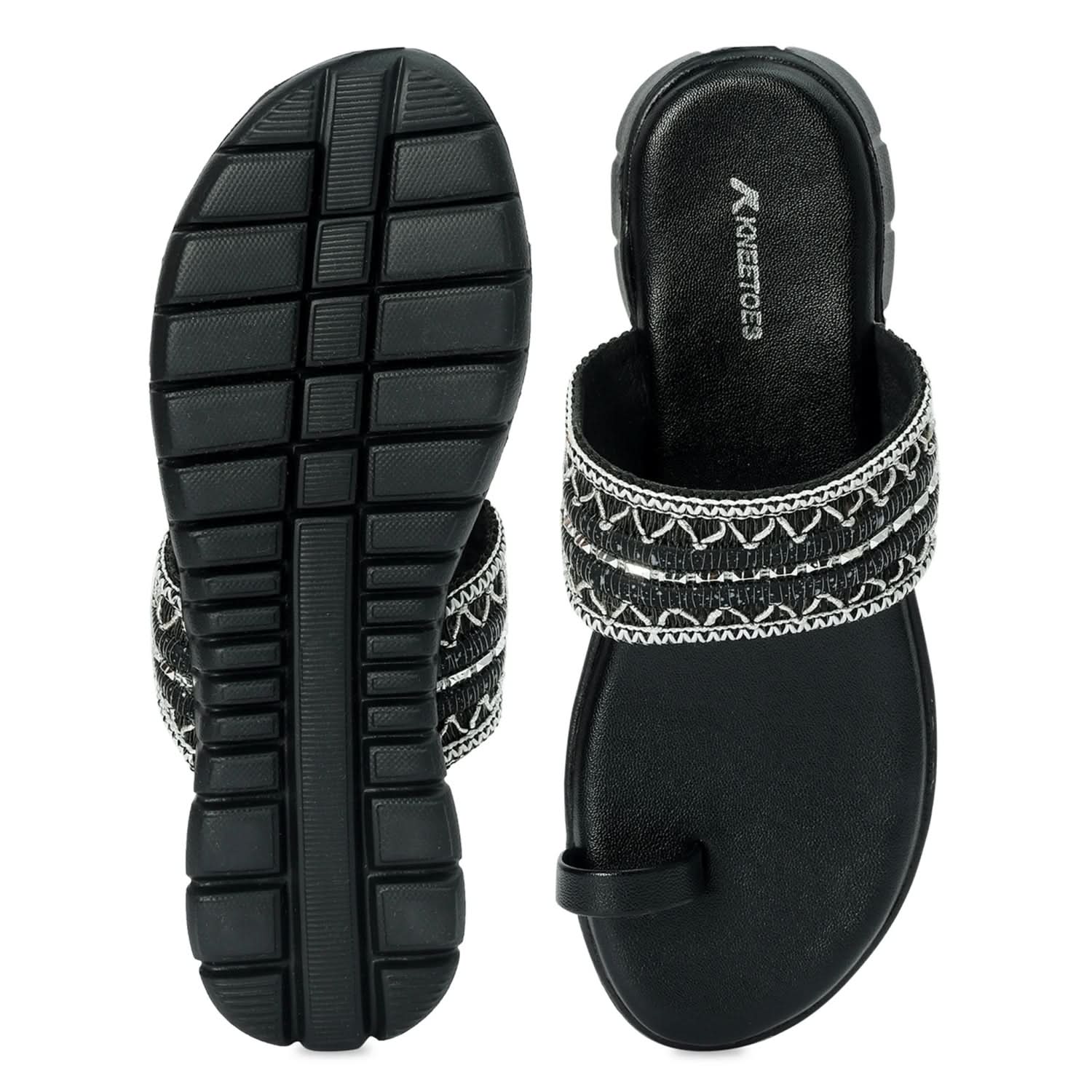 Jet Black Woven Toe-Ring Comfort Slides with Silver Embellishment