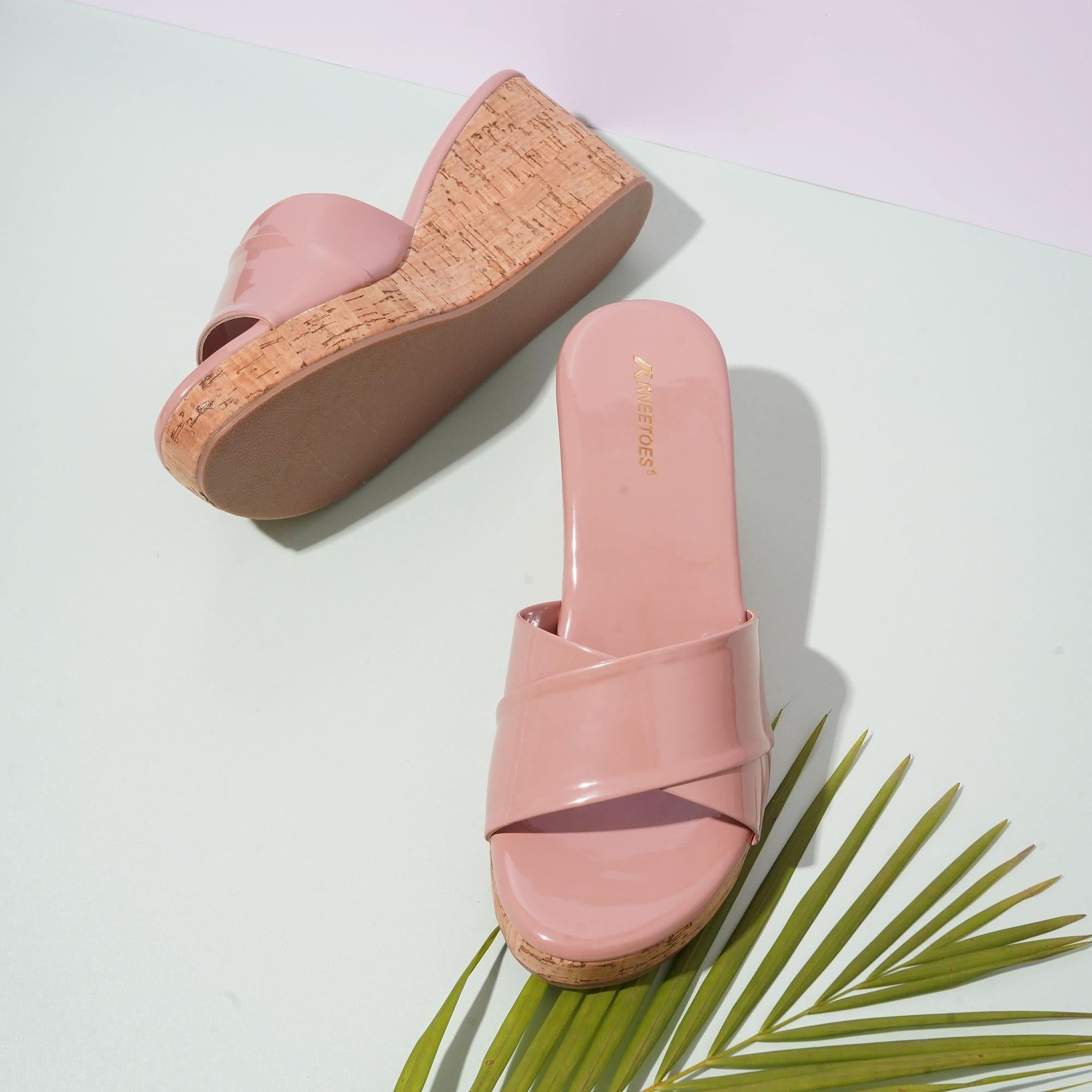 Spongy Peach Criss-Cross Wedge Sandals