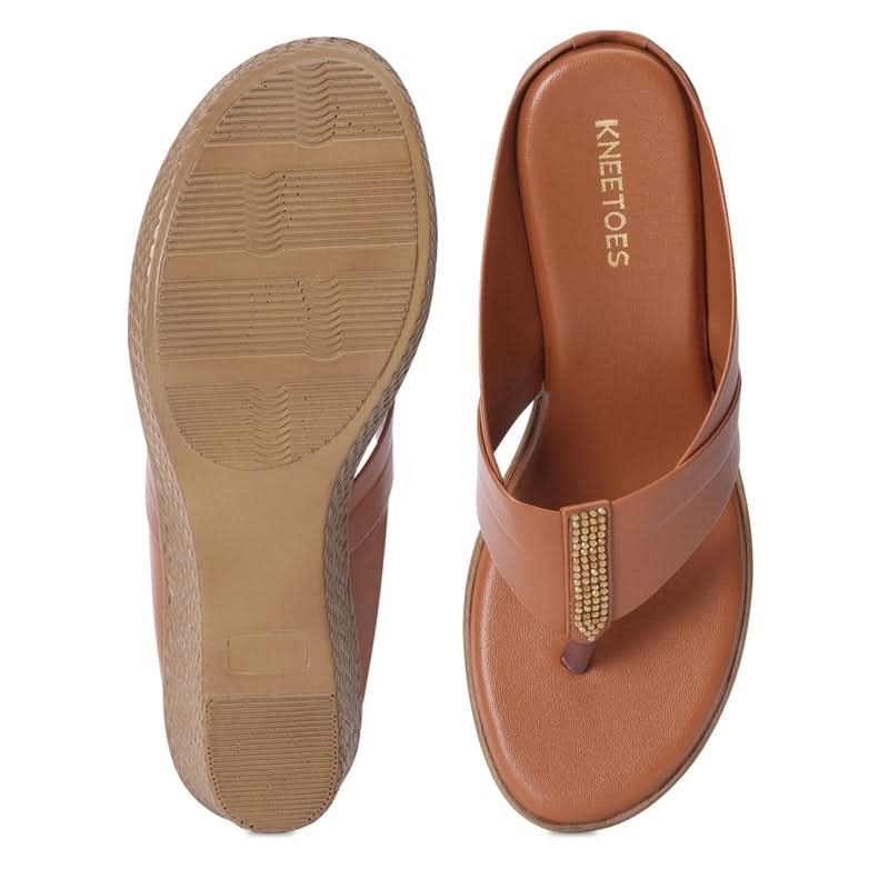 Tan Wedge Heel Thong Sandals