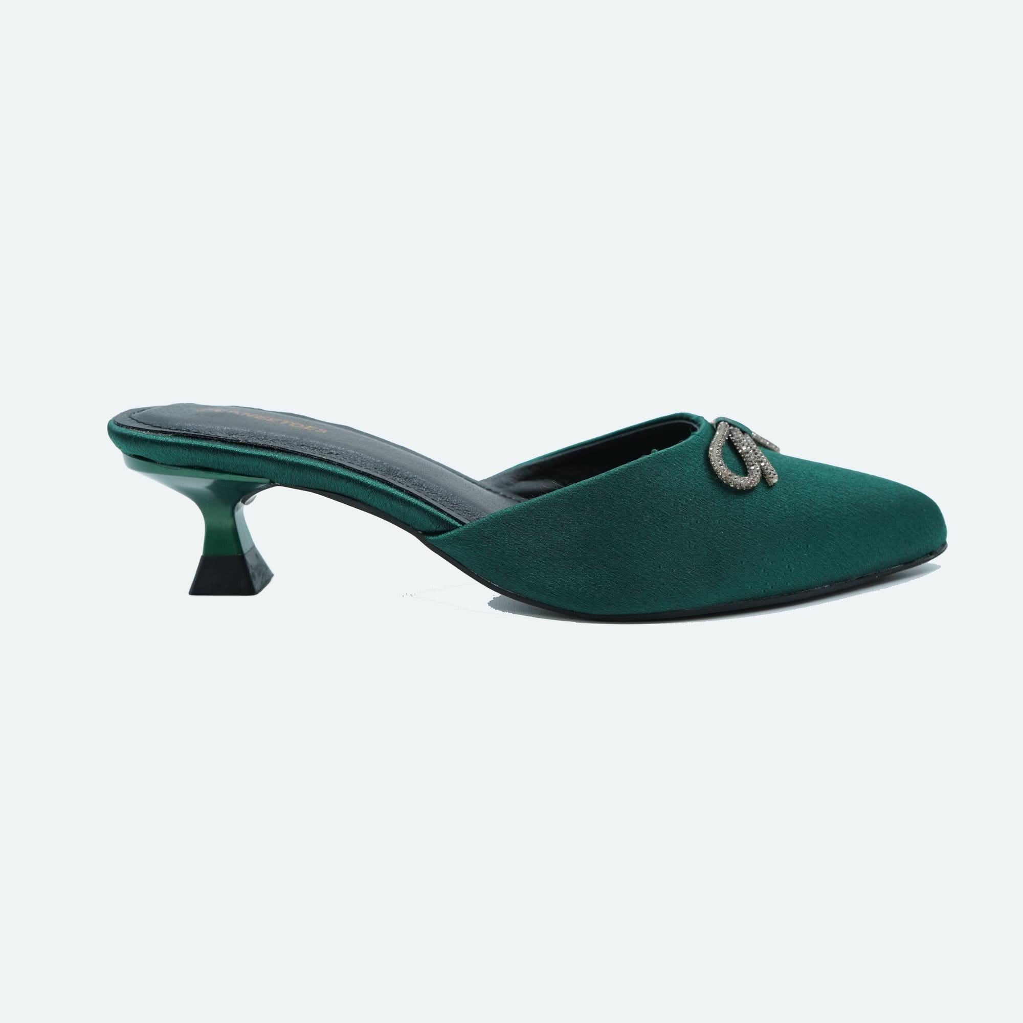 Dark-Green Solid Bow Kitten Mules