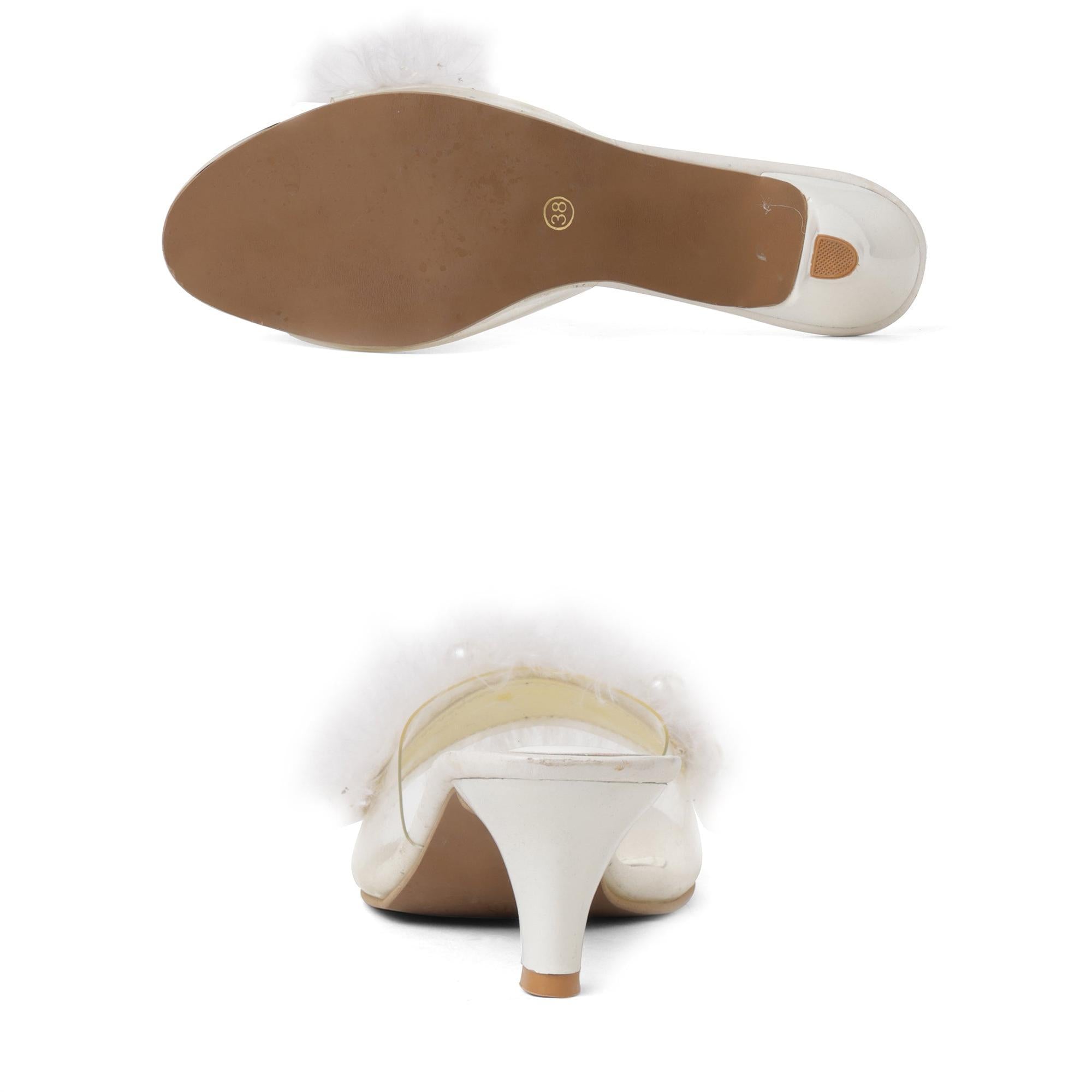 White Soft Fur pearl Kitten Heels