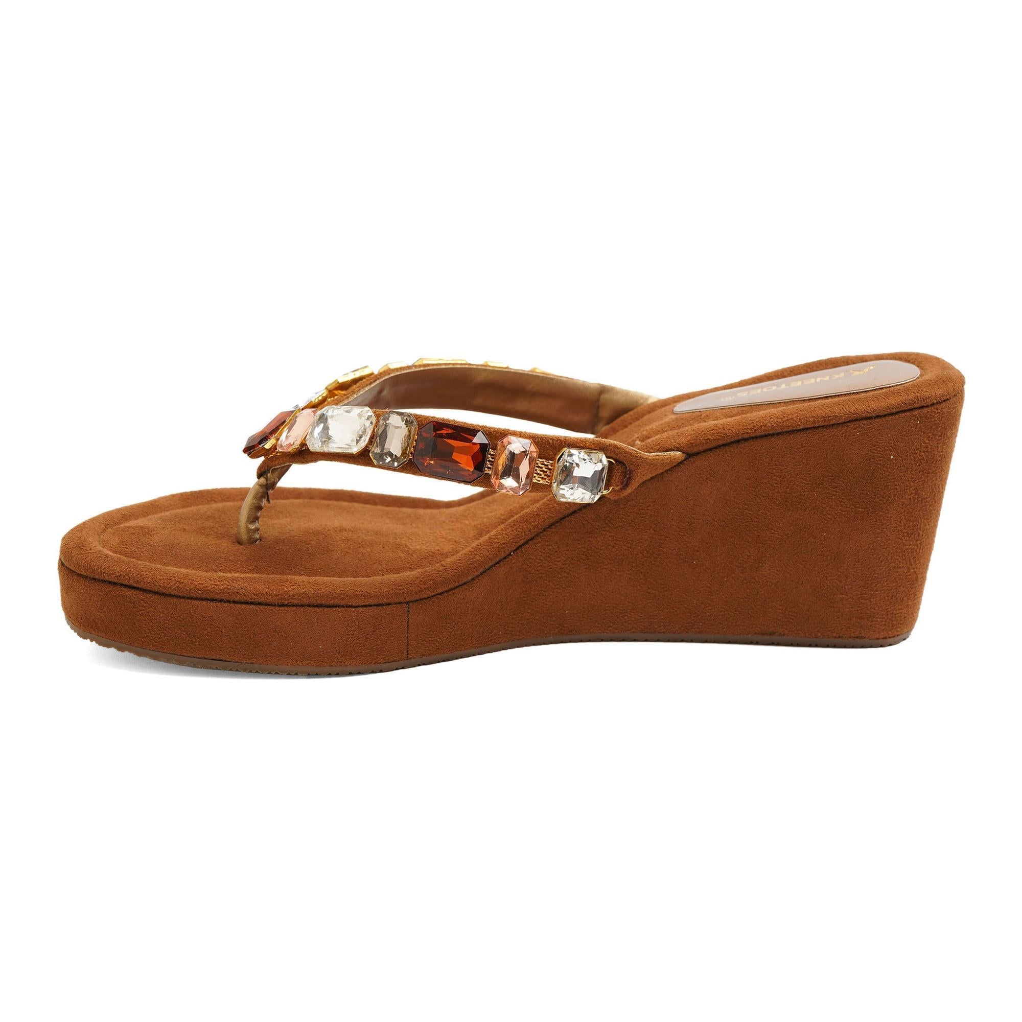 Gem-Studded Brown Wedge Party Sandals