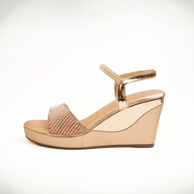 Sparkly Rose-Gold Beaded Wedge Sandals