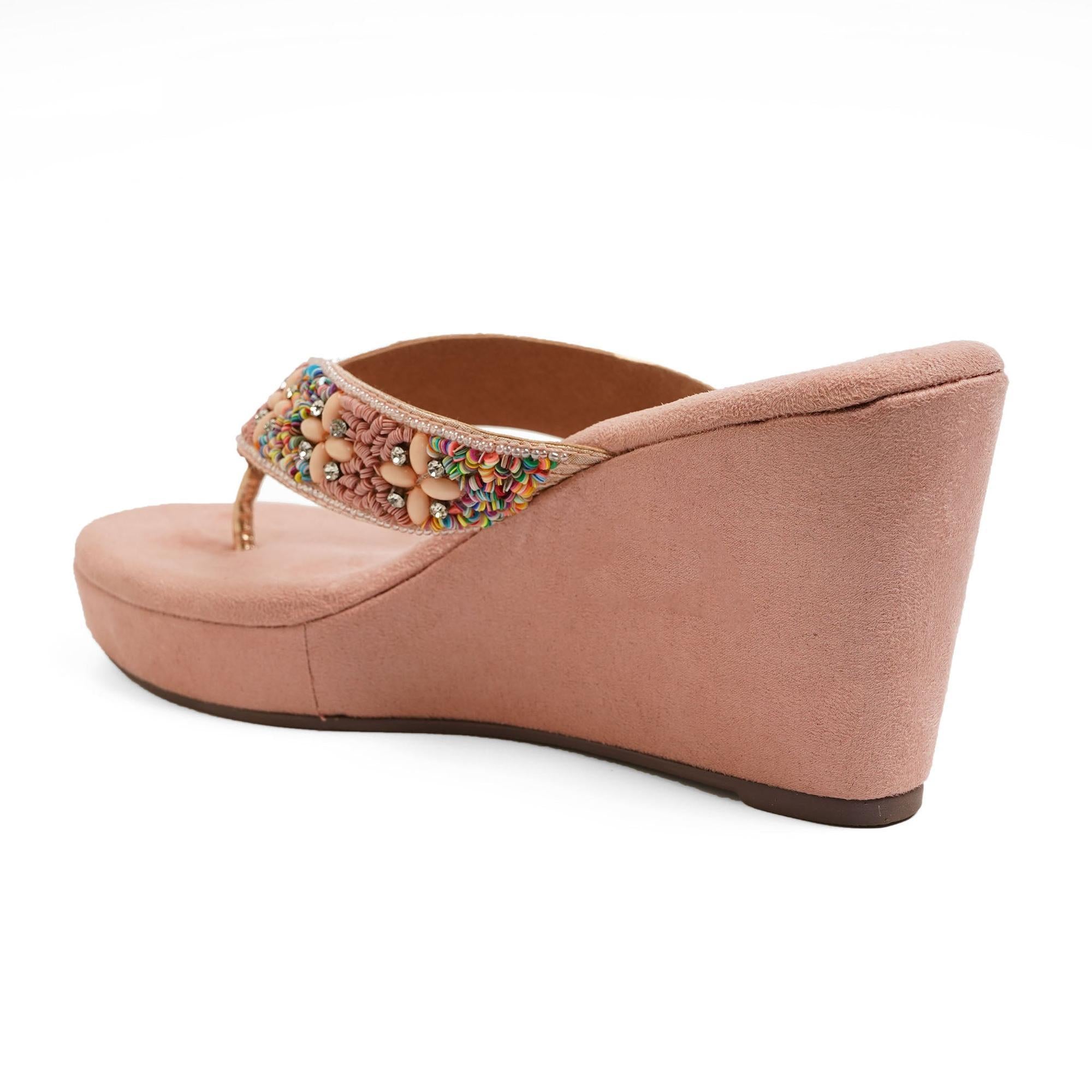 Light-Pink Stone-Work Beaded Wedge Sandals