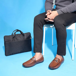 Tan Leather Loafers with Buckle Accent