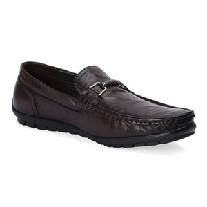 Dark Brown Leather Loafers with Buckle Accent