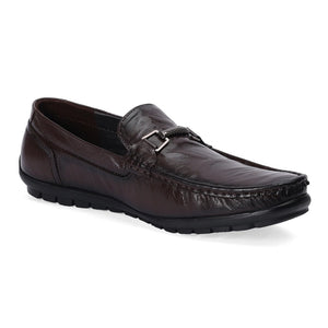 Dark Brown Leather Loafers with Buckle Accent