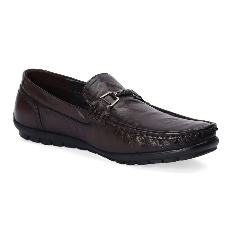 Dark Brown Leather Loafers with Buckle Accent