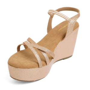 Rose-Gold Shimmer Criss-Cross Wedge Sandals