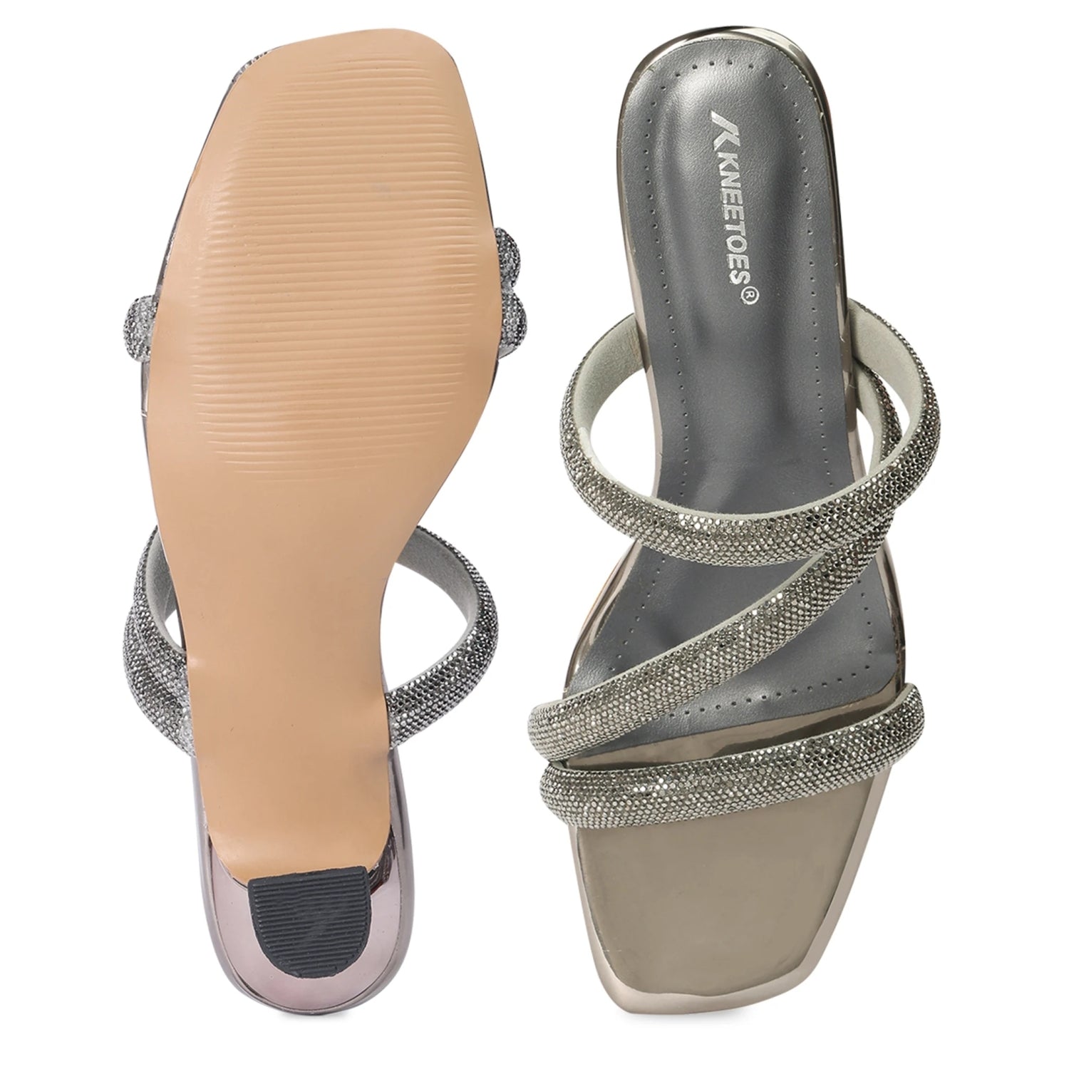 Embellished Grey Stylish Square-Toe Sandals