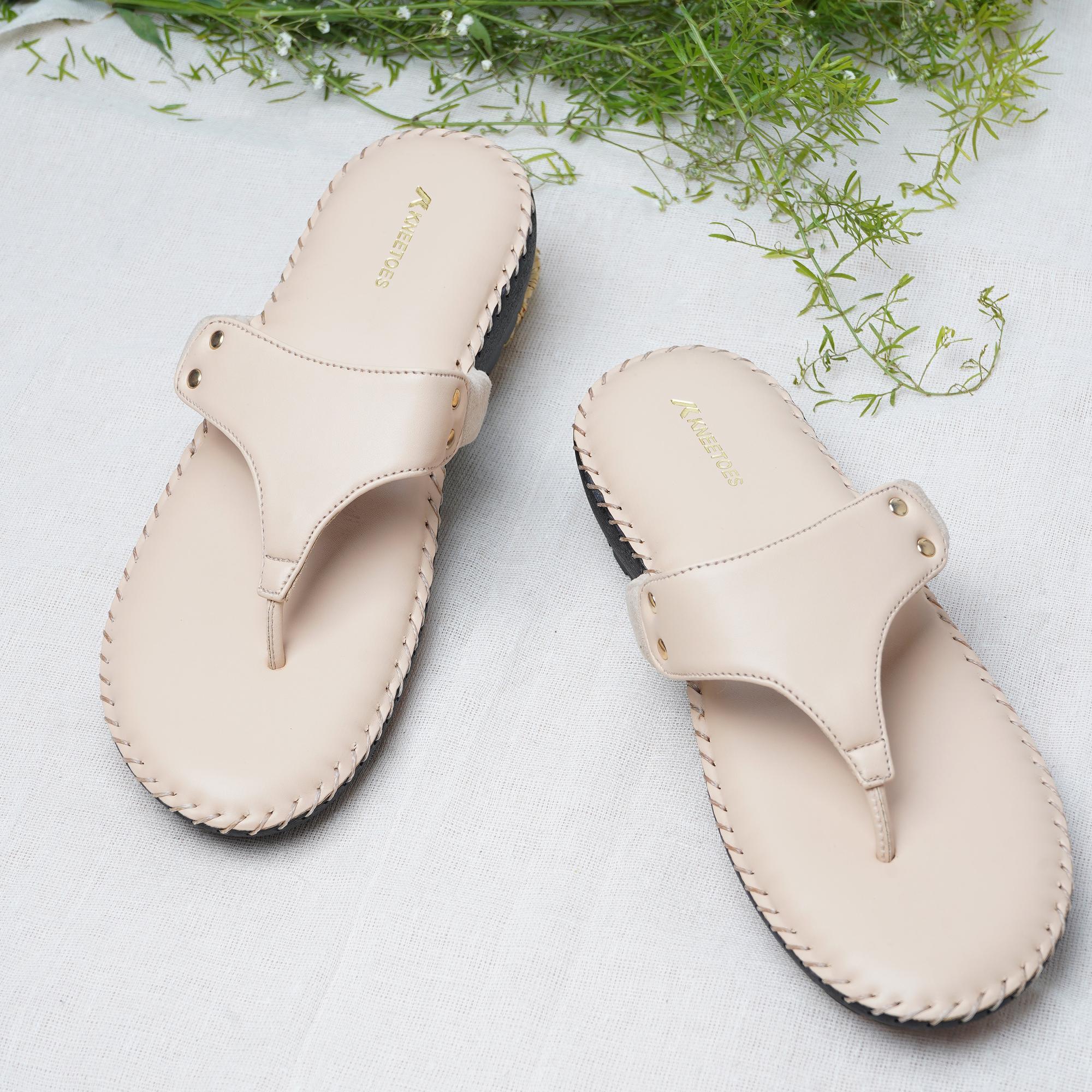 Classic Charm Beige Leather Thong Casual Sandals