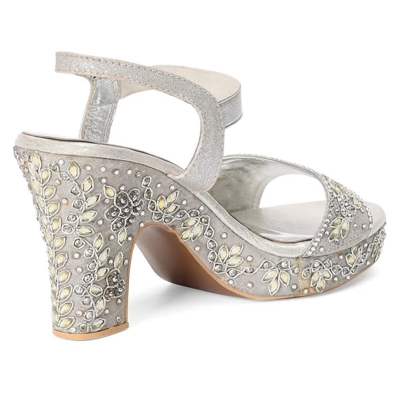 Premium Embellished Silver Block Heel Sandals