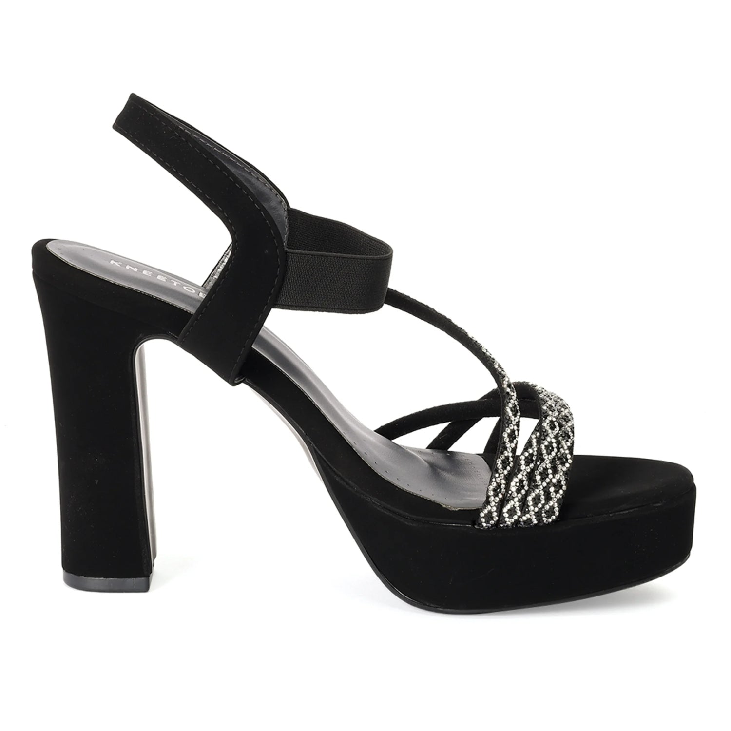 Embellished Black Stylish High Block Heel Sandals