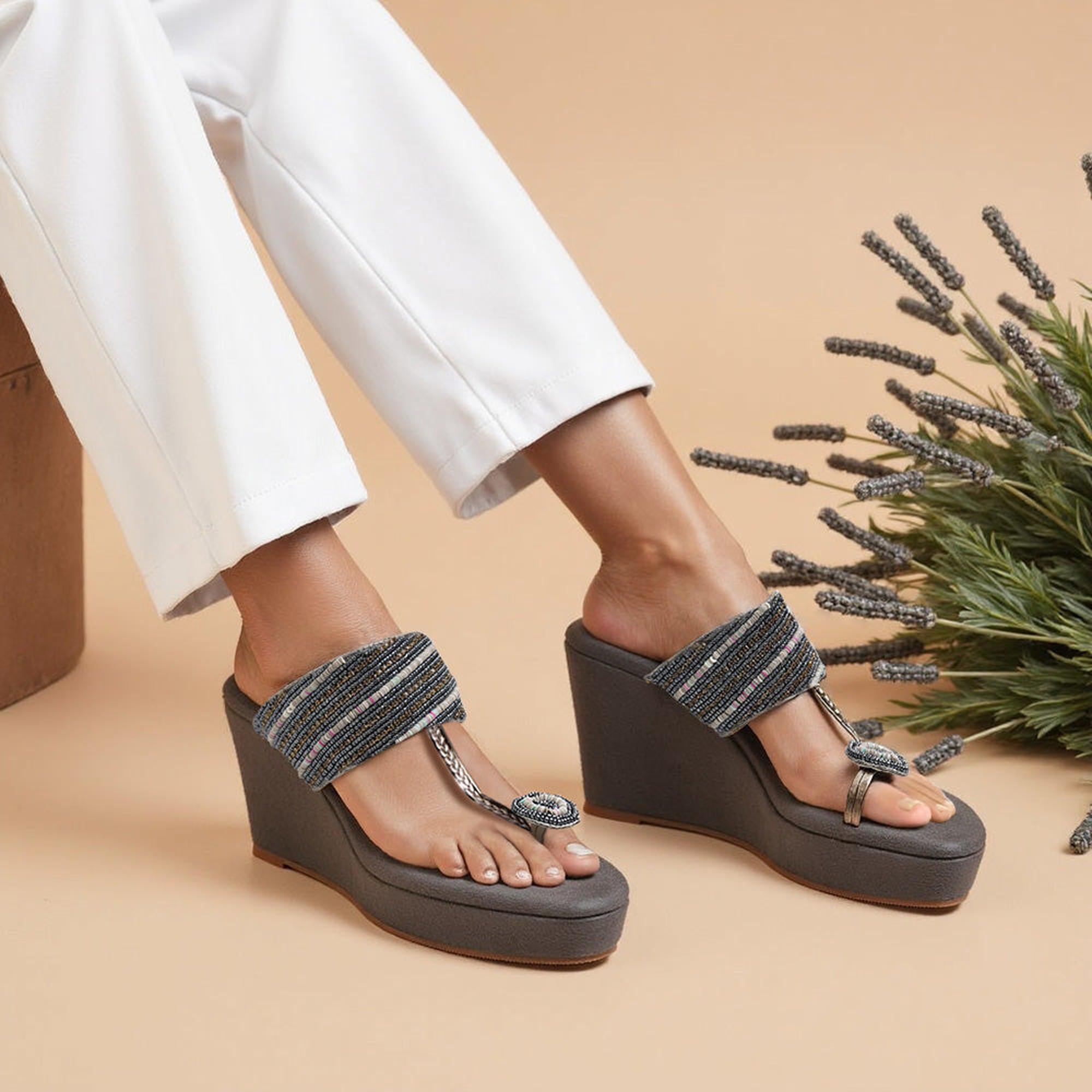 Dazzling Charcoal-Grey Beaded Wedge Heels