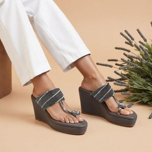 Dazzling Charcoal-Grey Beaded Wedge Heels