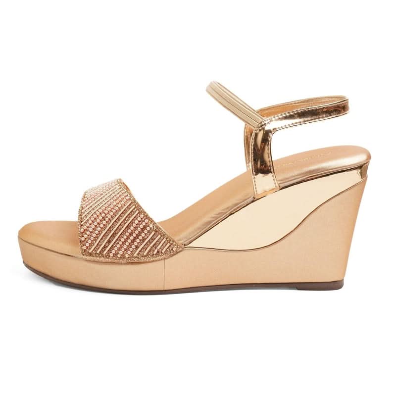 Gold Stone-Work Beaded Wedge Sandals