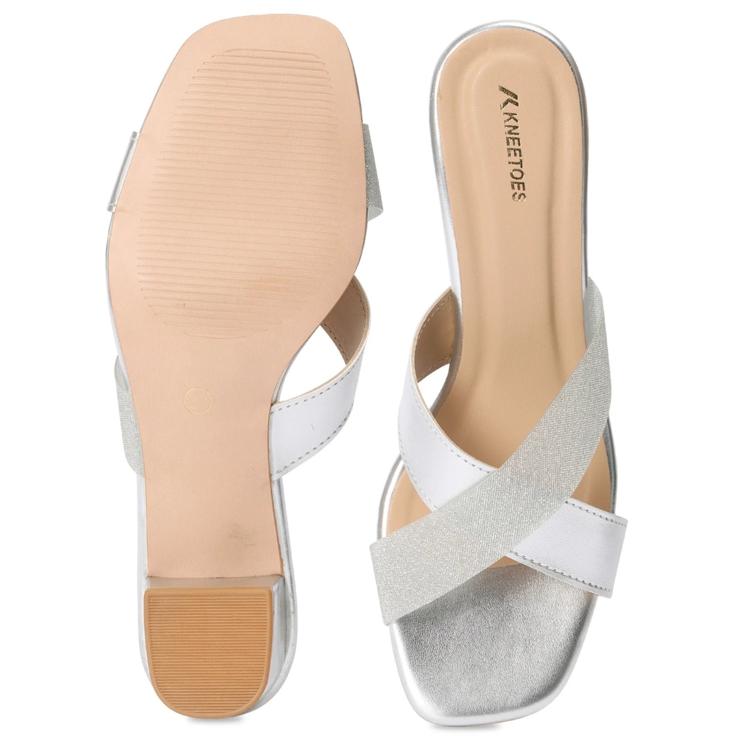 Metallic Silver Block Heel Square-Toe Sandals