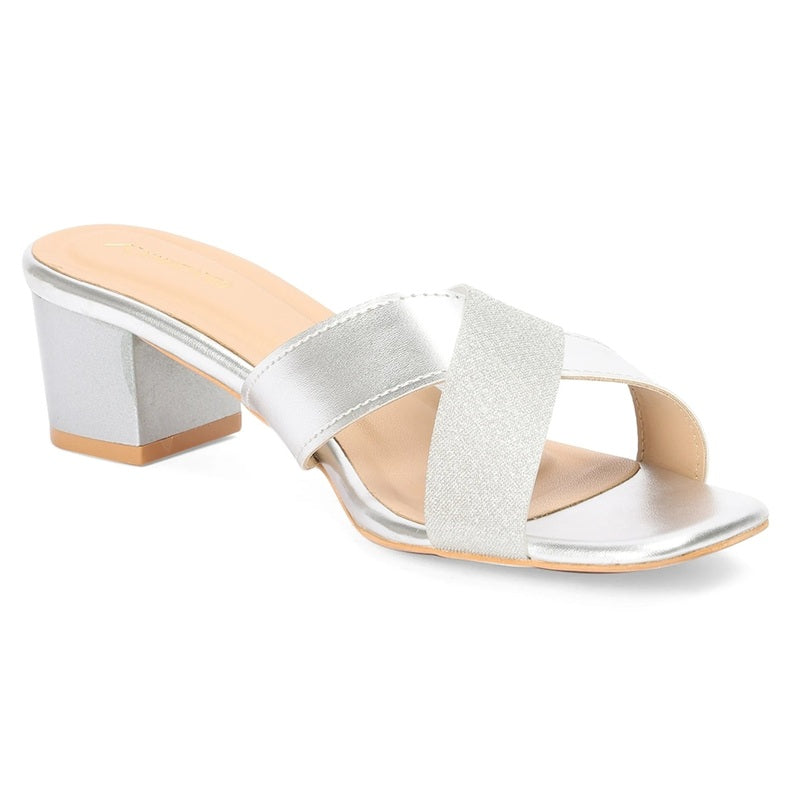 Silver Luxe Crossover Block Heel Sandals