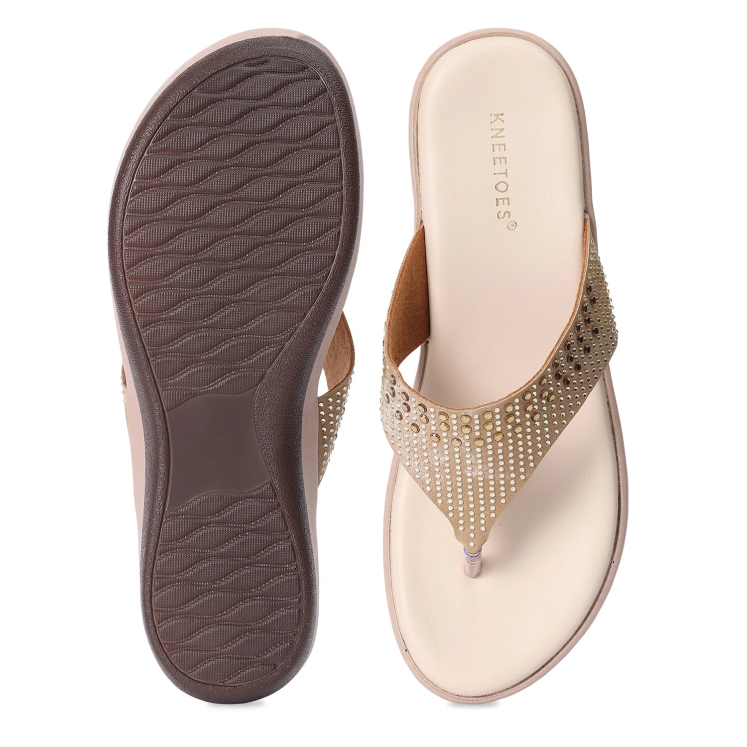 Embellished Beige Wedge Heel Flip-Flops